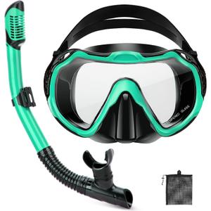 Snorkeling Gear for Adults, Adult Snorkel Set with Panoramic Anti-Leak and Anti-Fog Tempered Glass Snorkel Mask, Dry Top Snorkel, Snorkel Mask Set Adult with Mesh Bag Ear Plug for Snorkeling (Malachite Green (1 Set))