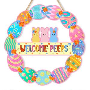 Pink Happy Easter Wreaths for Front Door Peeps Decorations for home Sign Easter Eggs Decor Wooden Wall Decor for Home Office Bathroom Living Room Door Wall Party Supplies 10x10x0.12 inches (Welcome)