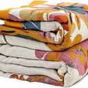 Boho Throw Blanket for Bed 50"x60", 100% Soft Cotton Bohemian Blankets with Rustic Floral Printed Decor, Fall Throw Blanket for Couch Cozy Breathable All Season (Ink and Wash)