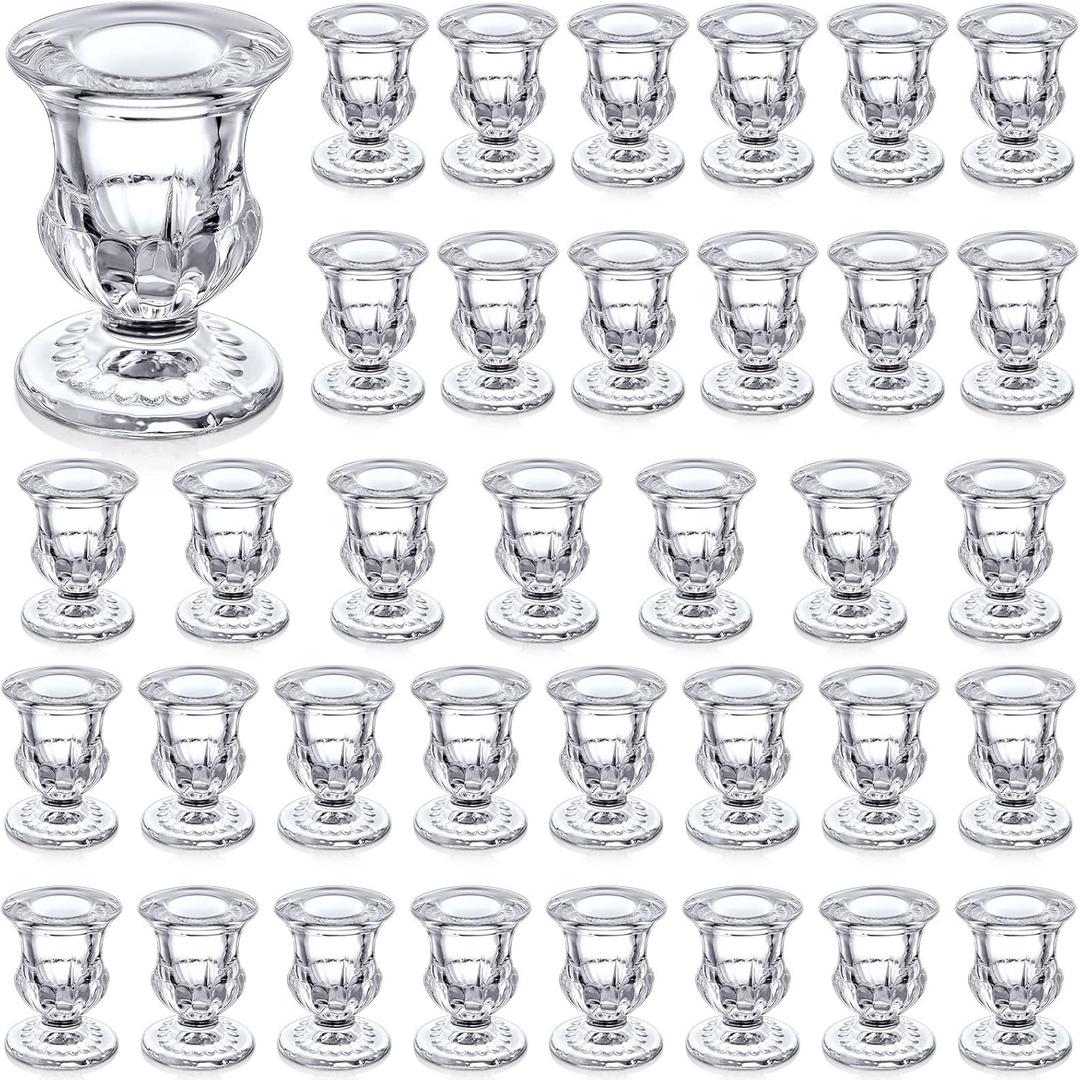 36 Pcs Clear Glass Candlestick Holders Taper Candle Holder Bulk 2.5 Inch Candle Stick Holder for Table Centerpiece Mantel Wedding Housewarming Gift Rustic Vintage Valentines Dinning Decoration (Clear)