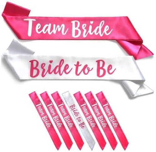 GDTO8820 Team Bride 7pc Satin Sash Set - Sophisticated & Fun Party Favors for Bachelorette Party, Bridal Shower & Wedding Party (7pc Set, White & Pink) Only 2