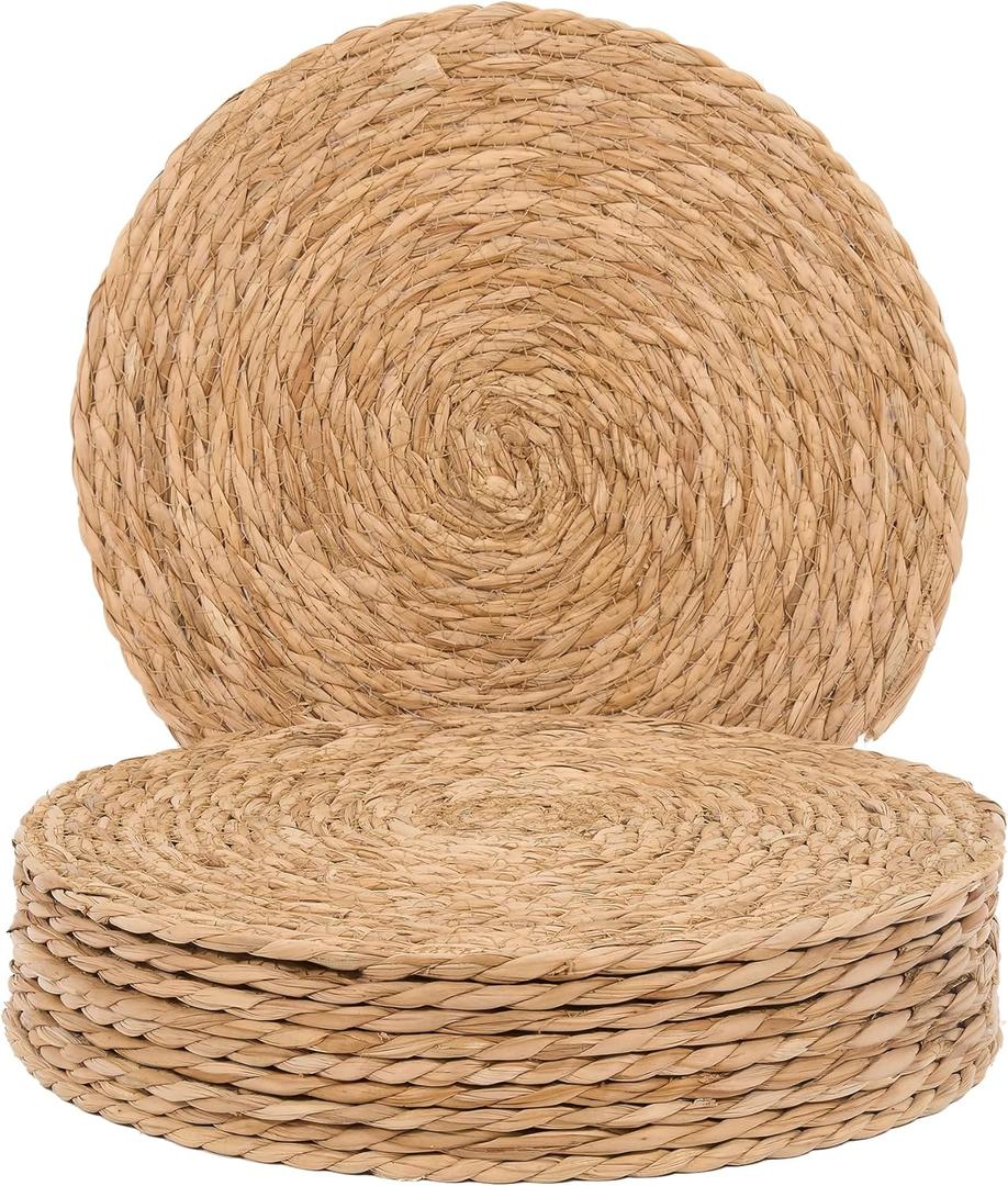 GENMOUS Woven Placemats Set of 10, 12" Round Placemats Natural Water Hyacinth Boho Placemats, Farmhouse Rattan Chargers for Dinner Plates, Rustic Braided Wicker Table Mats for Dining Table, Home, Wedding