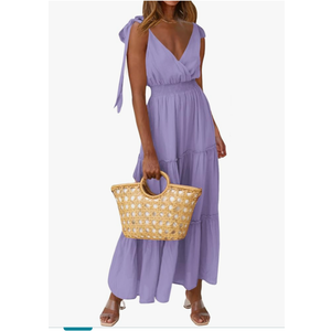 PRETTYGARDEN Women's Cross Neck Summer Sleeveless Tiered Maxi Dress Beach Tie Strap Smocked Long Dresses Pleated Sundress, Size:S