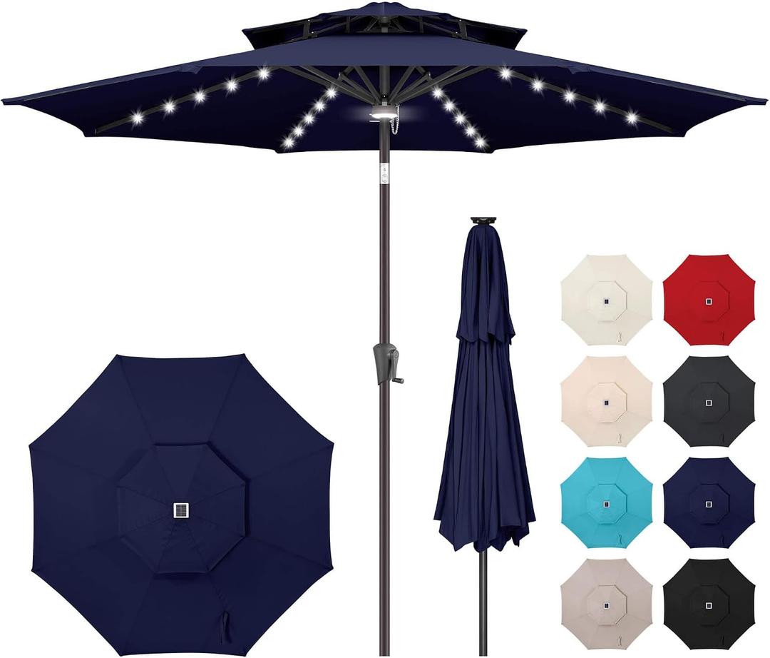 9ft Solar Umbrella Outdoor - 2 Tiers Lighted Solar Patio Umbrella with 40 LED Lights Waterprool UV Protection, Table Umbrella with Tilt for Pool, Porch, Garden, Backyard (Navy Blue), 9ft double-top