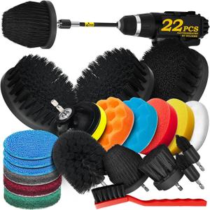 Holikme 22Pack Drill Brush Attachments Set, Scrub Pads & Sponge, Buffing Pads, Power Scrubber Brush, Car Polishing Pad Kit, Wax Applicator Pad, Car Cleaning Kit Cleaning Supplies Masonry Brushes, Black