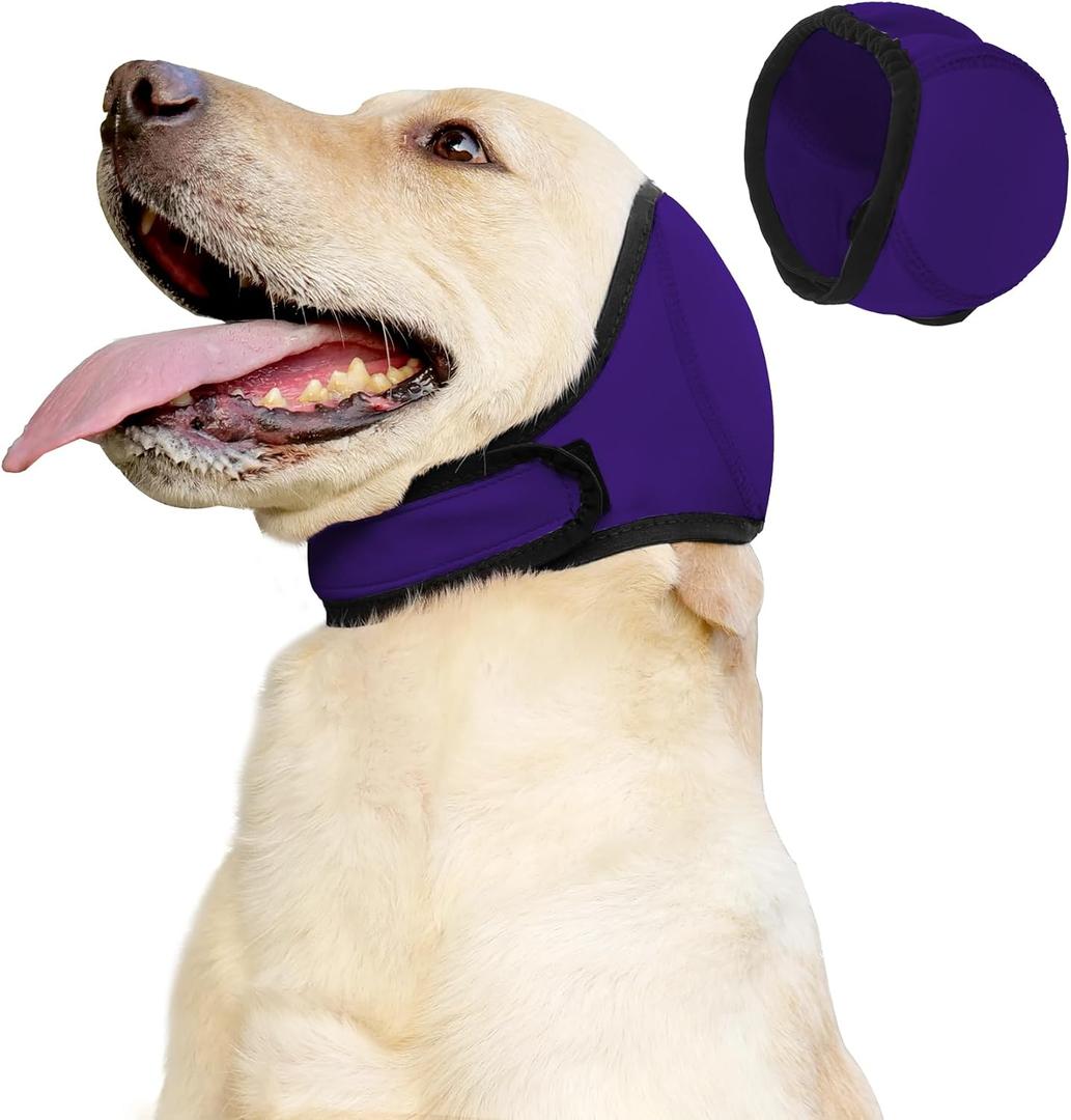 JOHNBOLIN Dog Ear Muffs & No Shake Ear Wrap for Hematoma, Bathing, Drying & Noise Anxiety Relief - Elastic Waterproof Ear Protector with Calming Hoodie Design for Grooming (Purple, M)