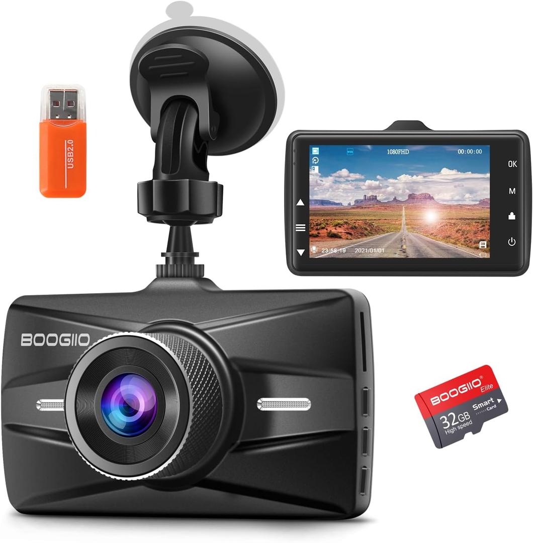 Dash Cam Front with 32G SD Card, BOOGIIO 1080P FHD Car Driving Recorder 3'' IPS Screen 170Wide Angle Dashboard Camera Aluminum Alloy Case, WDR G-Sensor Parking Monitor Loop Recording Motion Detection