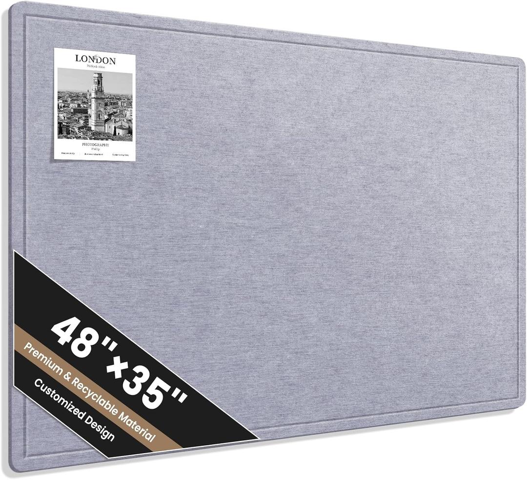Large Bulletin Board, 48 X 35 Inches Felt Cork Board with 40 Pushpins, Foldable Felt Notice Pin Board Photo Display Board with Self-Adhesive Tape for Office Home School (Light Gray, 48x35 inch)