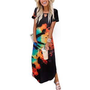 Zeagoo Womens Maxi Summer Dress with Pockets Casual Short Sleeve Sundress Trendy 2025 Curve Hem Long Dresss (Medium, Black-printed-01)