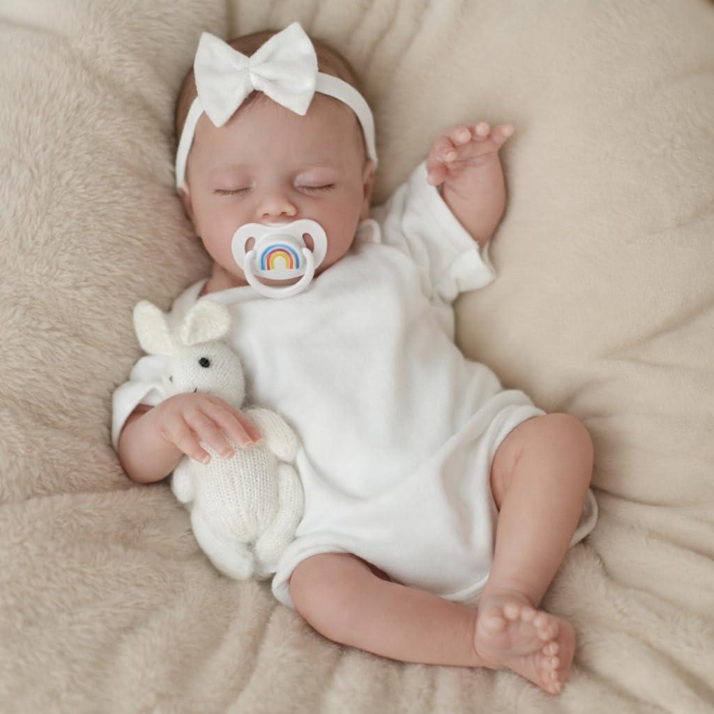 SCOM 18" Sleeping Reborn Baby Doll Girl  Realistic Newborn Sleeping Baby, Soft Weighted Cloth Body & Vinyl Limbs, with Cute Feeding Accessories Toy, Lifelike Toy for Kids Age 3-8