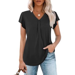 WNEEDU Flowy Tops for Women Summer Dressy Tunic flutter Sleeve V Neck Shirts Dressy Blouses for Womens Loose Fit Black, medium