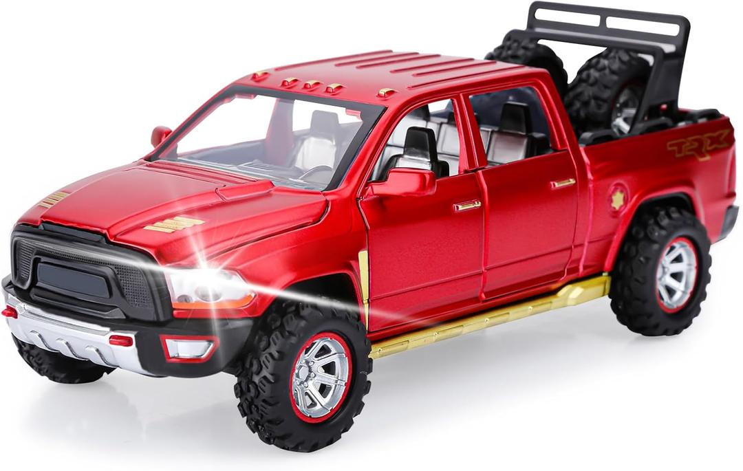SASBSC Toy Trucks for Boys Age 3-12 Pickup Truck Toys Diecast Metal Model Cars with Light and Sound Pull Back Car Toy for 3+ Year Old Kids (Red)