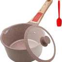 1.5 Quarts Ceramic Nonstick Saucepan with Lid, Small Sauce Pot with Pour Spouts for Multipurpose Use, Milk Pan with Detachable Handle, Oven Safe (Brown)