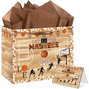 2 x HSKMAKE Basketball Gift Bag, Basketball Theme Gift Bag, with Card and Tissue Paper, Large Let The Madness Begin Theme Party Decor, for Boys, Kids, Teens, Sport Ball Birthday Party Favors