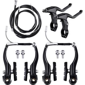 Complete Bike Brake Set, Black Front and Rear Bike MTB Hybrid Brake Inner and Outer Cables and Lever Kit Includes Callipers Levers Cables Black