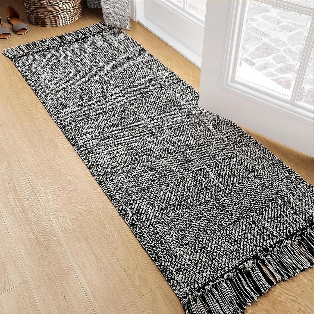 Collive Hallway Runner Rug, 2' x 5' Soft Washable Kitchen Runner Rug, Black Contemporary Modern Laundry Room Rugs Indoor Hand-Woven Cotton Carpet for Bedroom Entryway Front Door Farmhouse