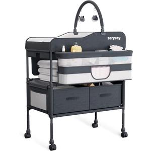 Baby Changing Table with Storage, Versatile Folding Changing Table, Baby Changing Station, Removable Wheels, 4 Adjustable Height, Waterproof, Mobile Nursery for Infant and Newborn (Light Dark Grey)