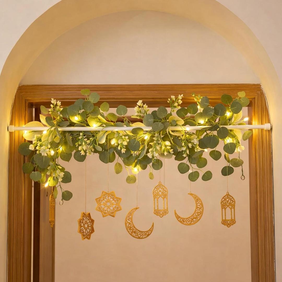 Yookeer 9 Pcs Ramadan Decorations Eid Mubarak Home Decorations Ramadan Archway Decor Eid Mubarak Adjustable Doorway Garland with Light Islamic Wooden Moon Ornaments for Entryway Indoor Muslim Party, 3.94 inches , 70.8 inches