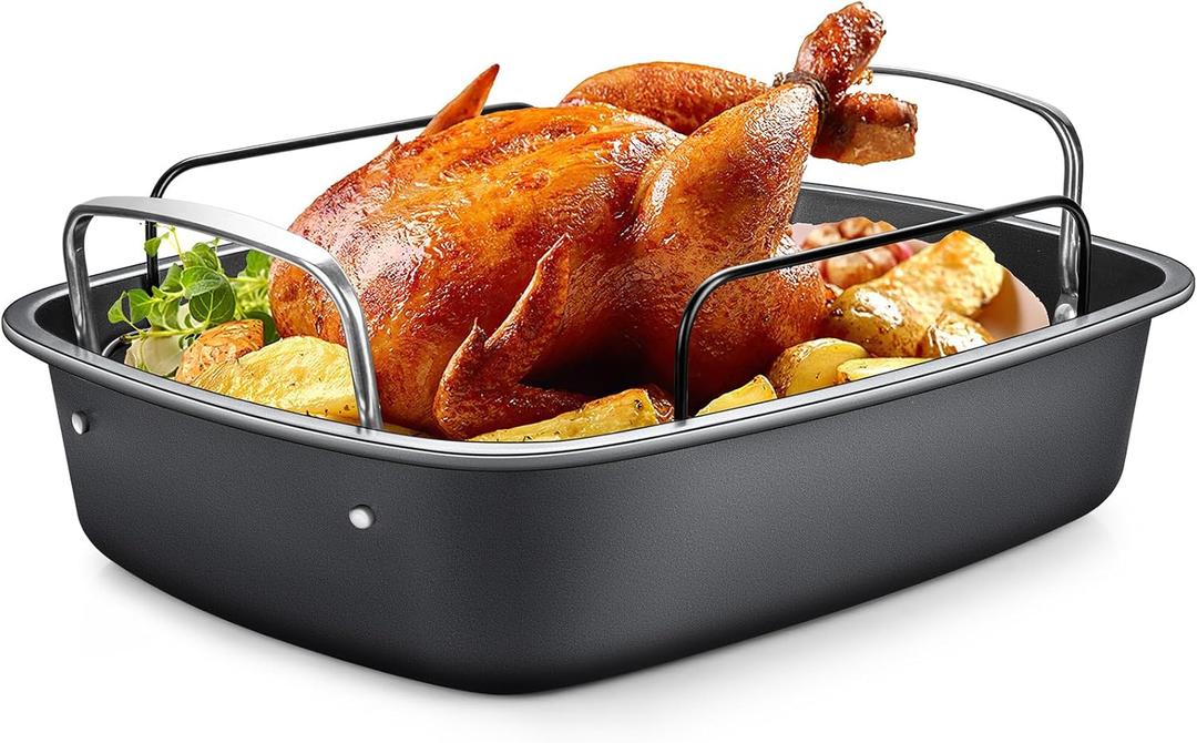 Nonstick Turkey Roasting Pan with Rack - 1713 Inch Extra Large Roaster Pan, Deep Turkey Tray for Oven, U-Shaped Rack, Wider Handles, Ideal for Ovens, Thanksgiving, and Christmas