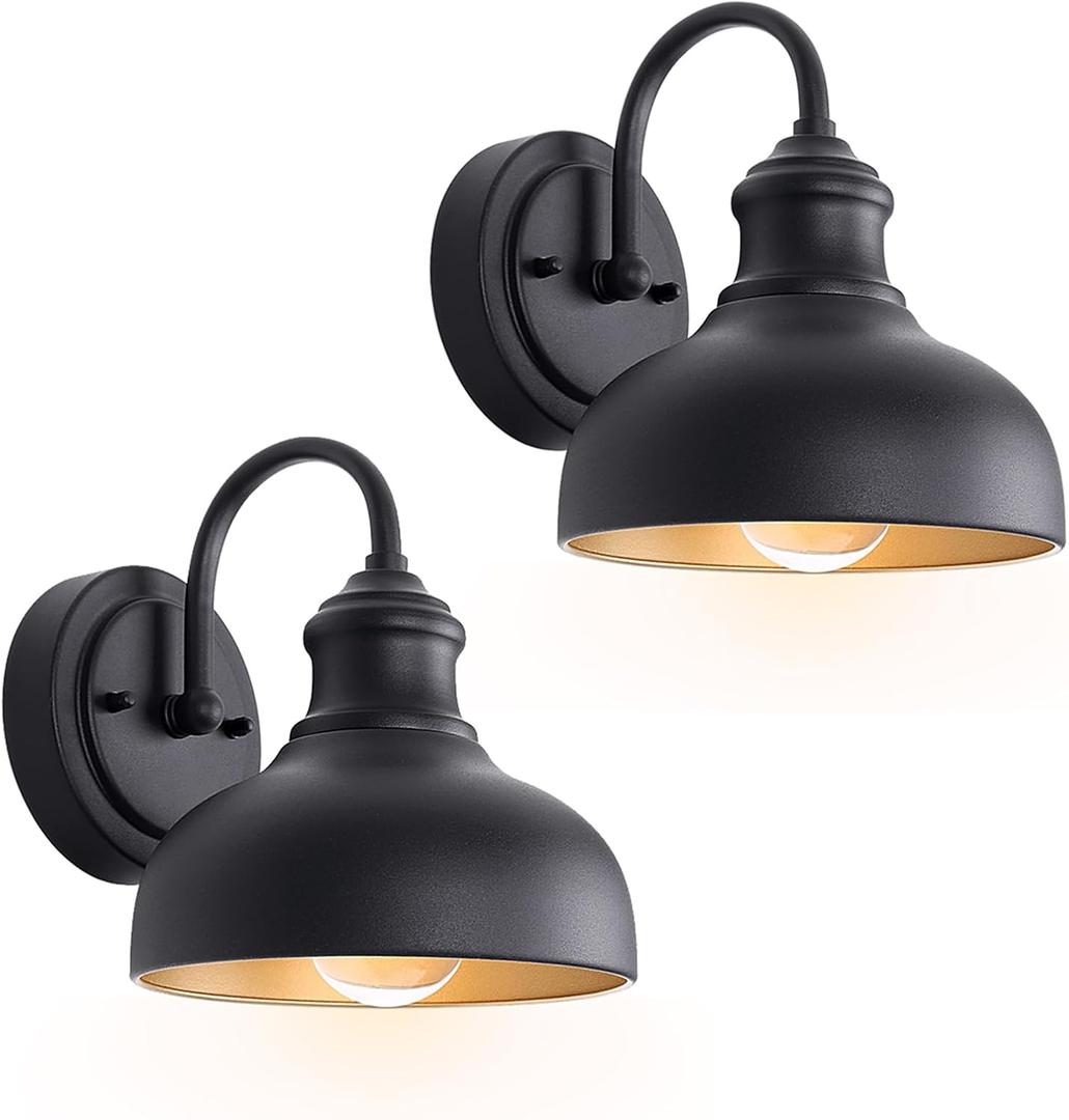 7in Black Gooseneck Lights for Farmhouse, 2 Pack Outdoor Barn Light Fixture, Exterior Porch Door Wall Mount Lighting with Gold Interior, Small Wall Sconce for Balcony, Garage, House
