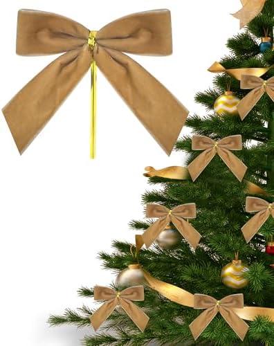 SEASLIMIT 24PCS Velvet Christmas Bows,3.35X3.35 Inch Christmas Tree Bows for Tree Garland Wreath Indoor Xmas Decorations (Khaki)