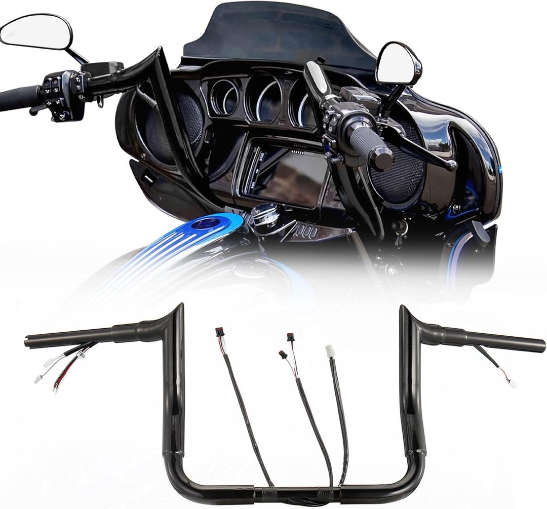 Pre-wired 10" Rise 1.5" Fat Ape Hangers Street Glide Handlebars for Harley 2016-2023 Street Glide/Electra Glide/Ultra Limited Bagger Meathook Bars with CAN-Bus/TBW, Black