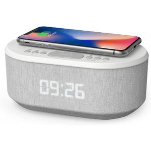 i-box Dawn, Alarm Clock for Bedrooms, FM Radio Alarm Clock with Wireless Charging, Speakers with Bluetooth, Digital Alarm Clock, USB Port, Dimmable Night Light (White)