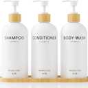 Shampoo and Conditioner Dispenser Set,Shower Soap Dispenser for Bathroom,Refillable Shampoo and Conditioner Bottles with Bamboo Pump and Tray,Soap Dispenser Bathroom for Shower (White, 3-Pack)