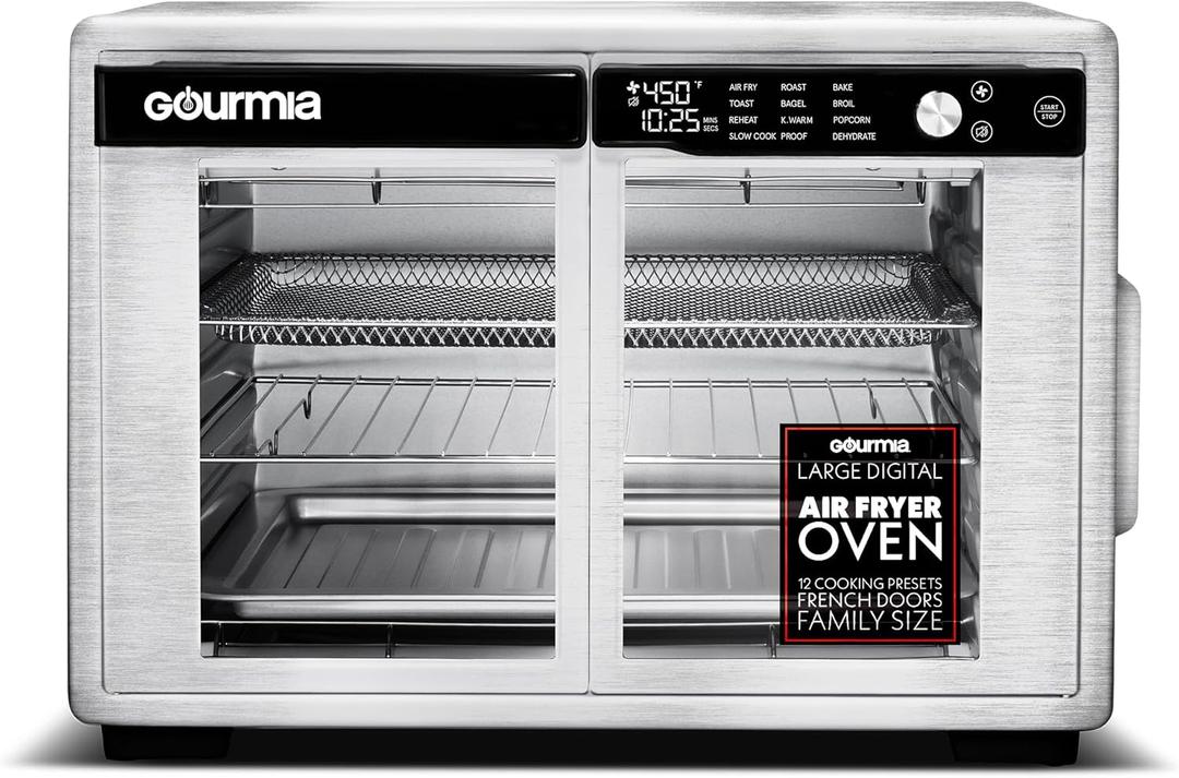 Gourmia French Door Air Fryer Oven - 37 Qt Large Capacity Convection Toaster Oven, FryForce 360, Digital Display, 12 Cooking Presets, Dehydrate, Fits 13 Pizza, Dishwasher-Safe, Stainless Steel