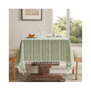 ZeeMart Hemstitched Embroidery Striped Boho Tablecloth 60x120 Inch Light Green, Heavy Weight Farmhouse Burlap Linen Sage Tablecloth, Wrinkle Resistant Washable Table Cloth for Rectangle Table