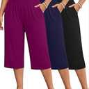 Huukeay 3 Pack Women's Plus Size Capri Pants Loose Fit Wide Leg Capris Sweatpants Summer High Waisted Yoga Pants with Pockets(Black, Navy Blue, Fuchsia, 4X-Large)