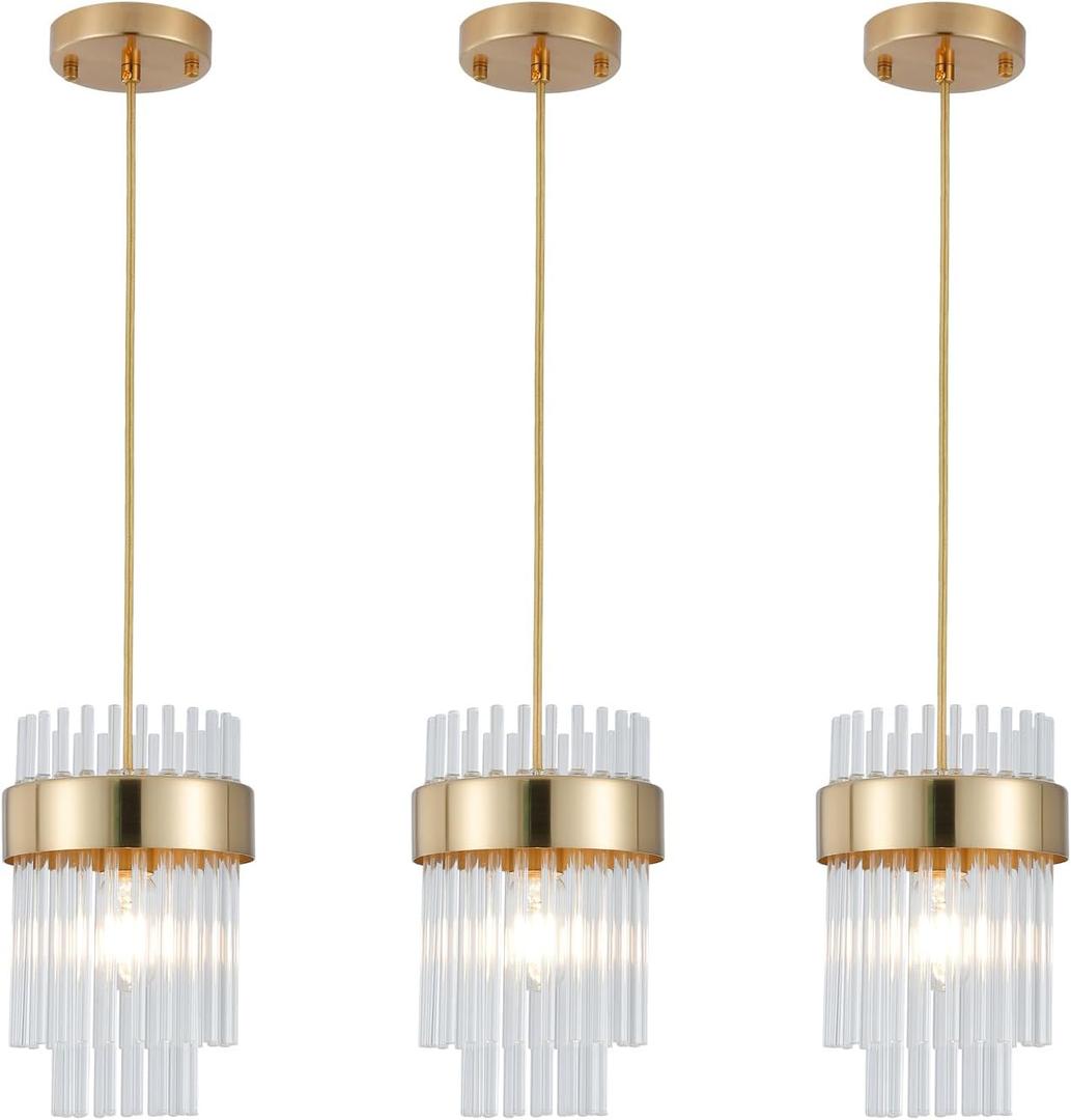 Dijiahua Pendant Lights Kitchen Island Gold 3 Pack,Crystal Pendant Light Fixtures Over Table, Mini Brass Dining Room 1-Light Chandelier,Modern Adjustable Cord Hanging Lamp for Bedroom, Sink