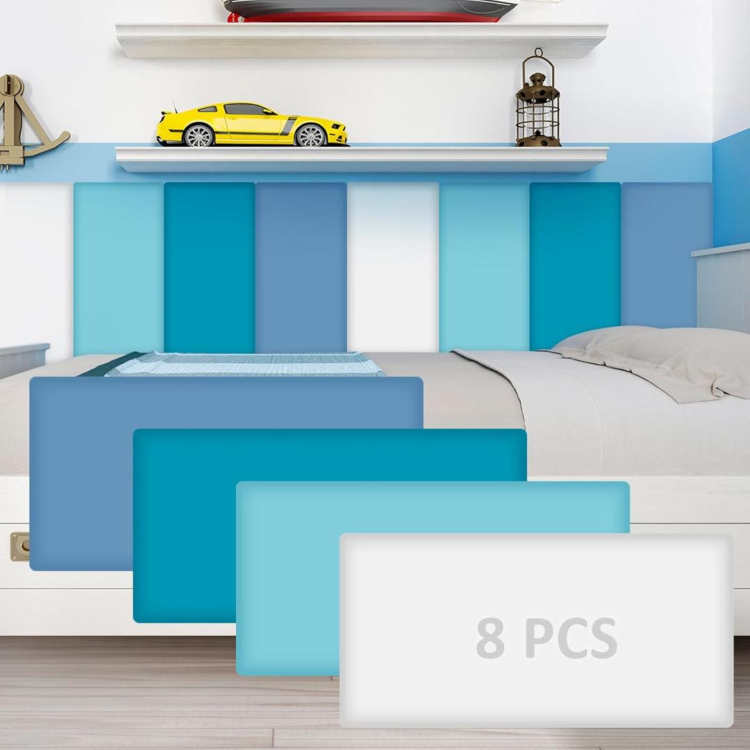 8 Pack Wall Padding for Playroom Peel and Stick Headboard 15.75" x 7.87" x 1.18" 3D Anti Collision Upholstered Wall Panels Self Adhesive Headboard Panel for Protection (Blue Colors)