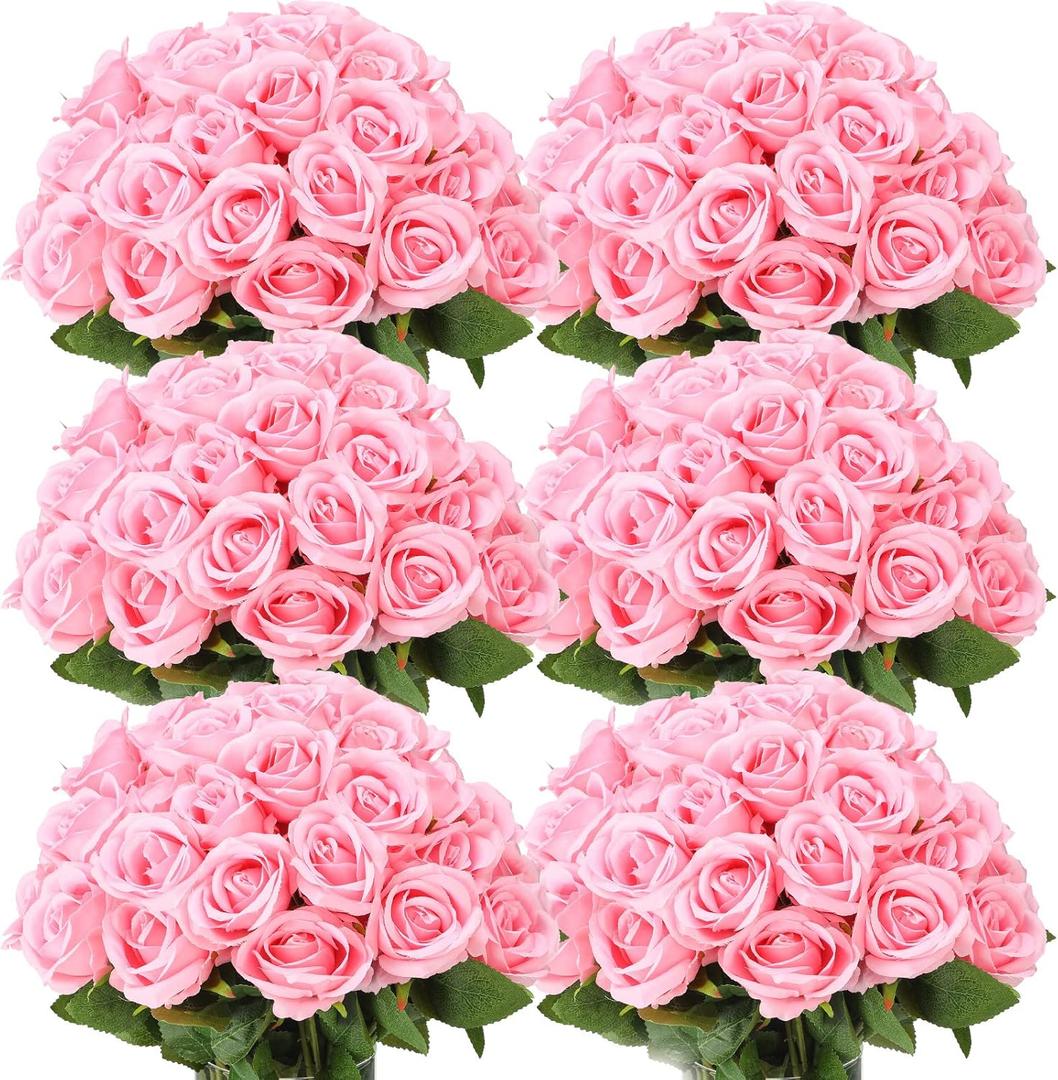 Jexine 50 Pcs Artificial Rose Flower Bulk Realistic Silk Fake Roses with Long Stem Plastic Artificial Flower Bouquet Real Looking for Home Wedding Centerpieces Party Decoration(Pink)