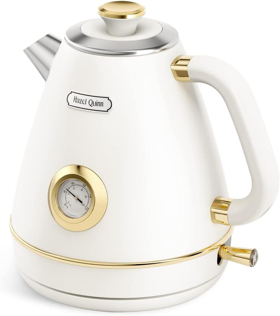 Hazel Quinn Retro Electric Kettle  1.7 Liters / 57.5 Ounces Tea Kettle with Thermometer, All Stainless Steel, 1200 Watts Fast Boiling, BPAfree, Cordless, Automatic Shut Off  Pearl White