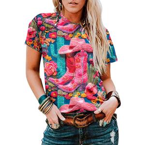 Boho Western Cowgirl Shirts for Women: Vintage Western Rodeo Graphic Tee Cowgirl 3D Digital Printing Short Sleeve Tops (Small)