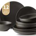 Dinnerware Sets, Stoneware Plates and Bowls Sets, Farmhouse 12 Piece Dish Set for 4, Ceramic Plates Set for Kitchen, Scratch Resistant, Dishwasher & Microwave Safe, Matte Black