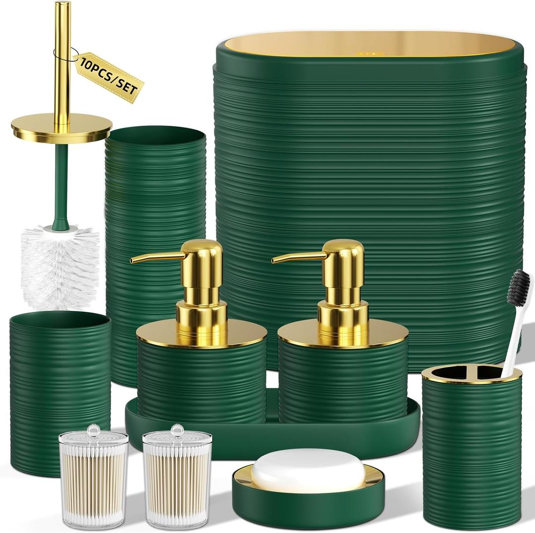 Bathroom Set, 10PC Bathroom Accessory Set, Green Bathroom Accessories, Green and Gold Bathroom Set with Trash Can, Soap Dispensers