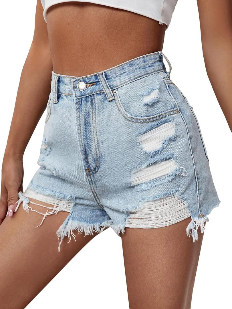 Floerns Women's Ripped Raw Hem High Wait Straight Leg Solid Denim Shorts (Large)