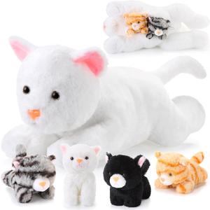 Skylety 5 Pieces Cat Stuffed Animal with Babies Inside Belly Plush Cat Pregnant Mommy Kitty with 4 Cute Fluffy Stuffed Kittens Christmas Birthday Surprise Gifts (White)
