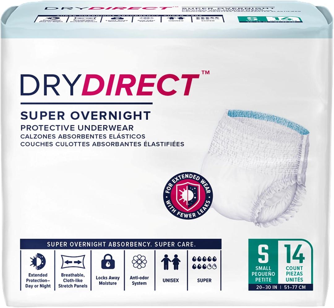 Dry Direct Super Overnight Underwear, Soft Cloth-Like Adult Diapers, Overnight Disposable Incontinence Protection - Small (Pack of 14)