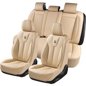 Universal Leather Seat Covers Full Set, Waterproof Seat Cover for Cars 5 Seats, Luxury Leather Car Seat Cushion, Front and Rear Protectors Automotive Seat Covers for Most Cars SUV Pick-up, Beige