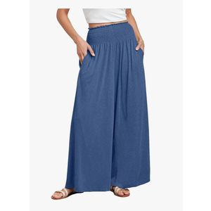 ANRABESS Women Palazzo Pants Summer Boho Bagyy Wide Leg High Smocked Waist Casual Loose Lounge Pant with Pocket size M