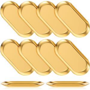 10 PCS Stainless Steel Gold Trays Serving Platters Set Bathroom Vanity Tray Decorative Jewelry Dish Small Metal Organizer Oval Storage for Perfume Trinket Buffet Snack Key