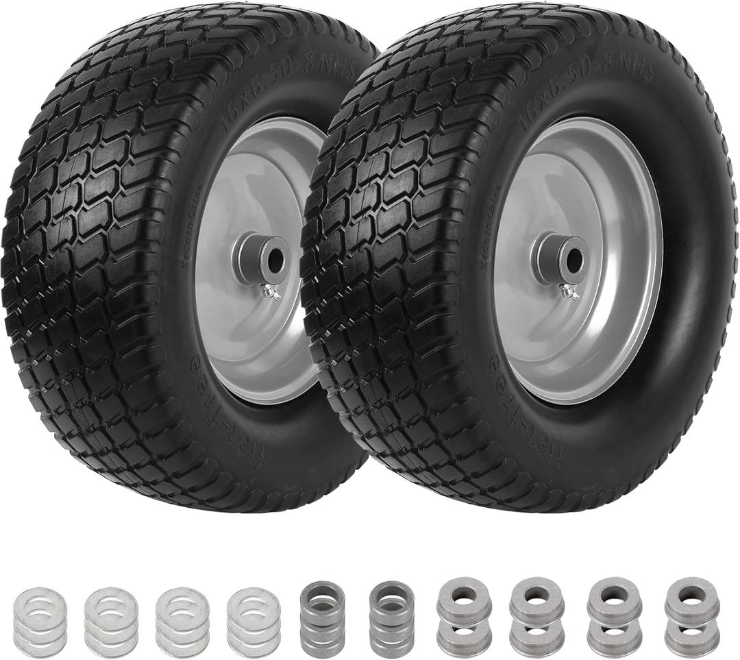 AR-PRO (2-Pack) 16x6.50-8 Flat Free Tire and Wheel, Solid Lawn Mower Tire with 3"-4.3" Centered Hub & 3/4" Bushings, Compatible with Riding Mower Graden Tractor