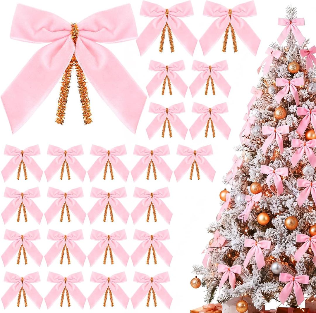 Riceshoot 24 Pcs 3.5 Inch Velvet Christmas Bows for Christmas Tree Rustic Wreath Bows Vintage Xmas Twist Tie for Treat Bakery Candy Bags Gift Wrapping Home Decor(Pink)