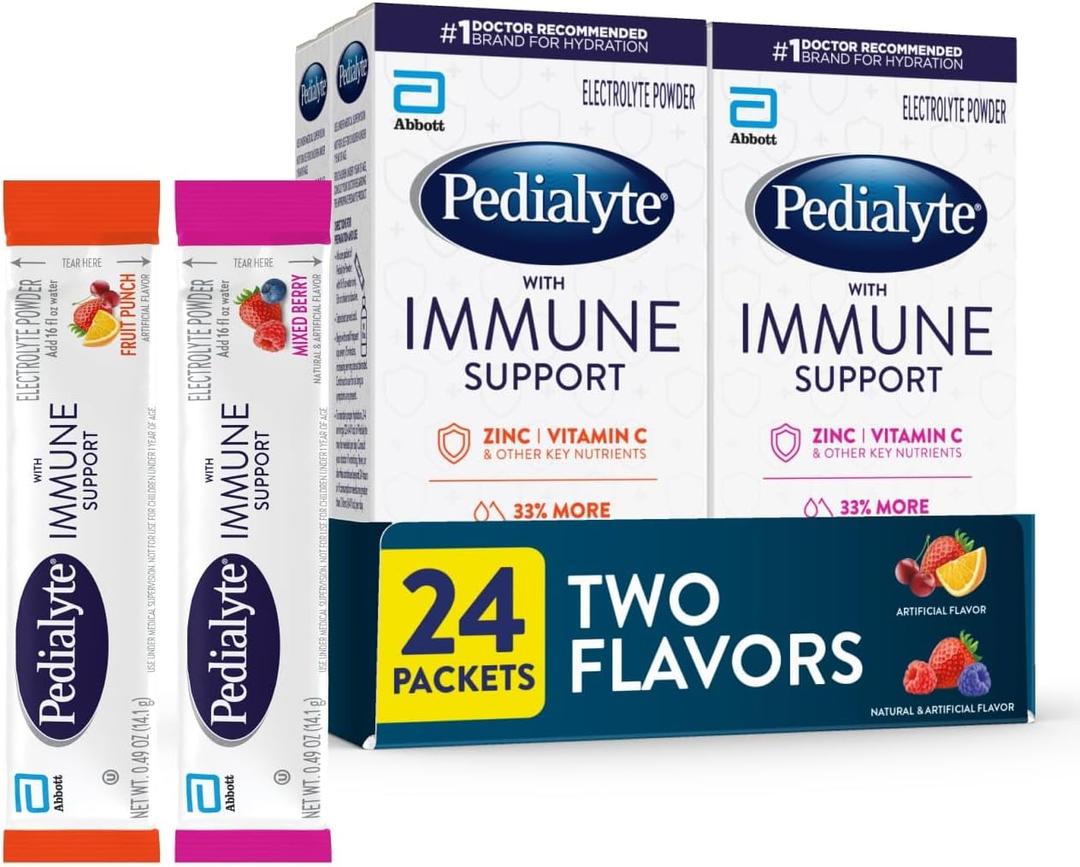 Pedialyte with Immune Support, Electrolyte Drink Powder with Vitamin C and Zinc, Advanced Hydration, Variety Pack: Fruit Punch and Mixed Berry, 24 Powder Packets