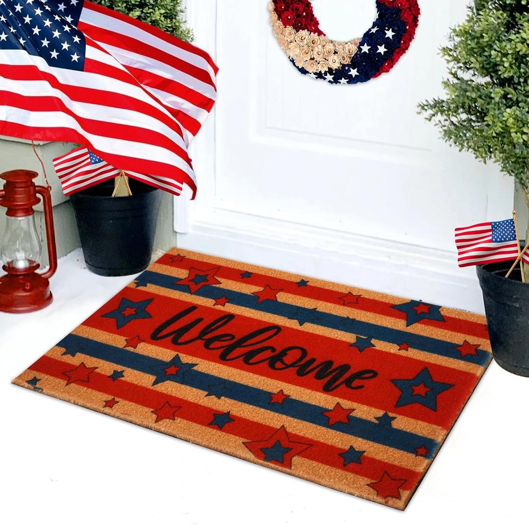 Patriotic Welcome Mat, Coir Patriotic Doormat with Star Stripe, Non-Slip Entrance Door Mat for Outdoor Indoor Bathroom Kitchen Decor, 18x30 Inch