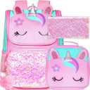 UFNDC 3PCS Unicorn Backpack for Girls, 15" Kids Sequin Bookbag with Lunch Box, Pink School Bag for Elementary Preschool Toddler