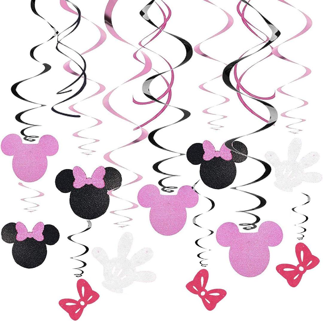 30Ct Minnie Hanging Swirl Decorations - Ceiling Streamers for Mouse Birthday Party  Mini Mouse Theme Party Supplies  Party Favors for Kids - Glitter Pink, Black Decor